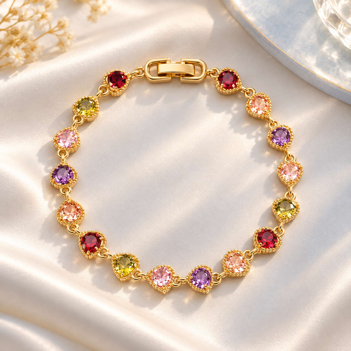 Bracelet Cœurs Précieux doré aux pierres colorées