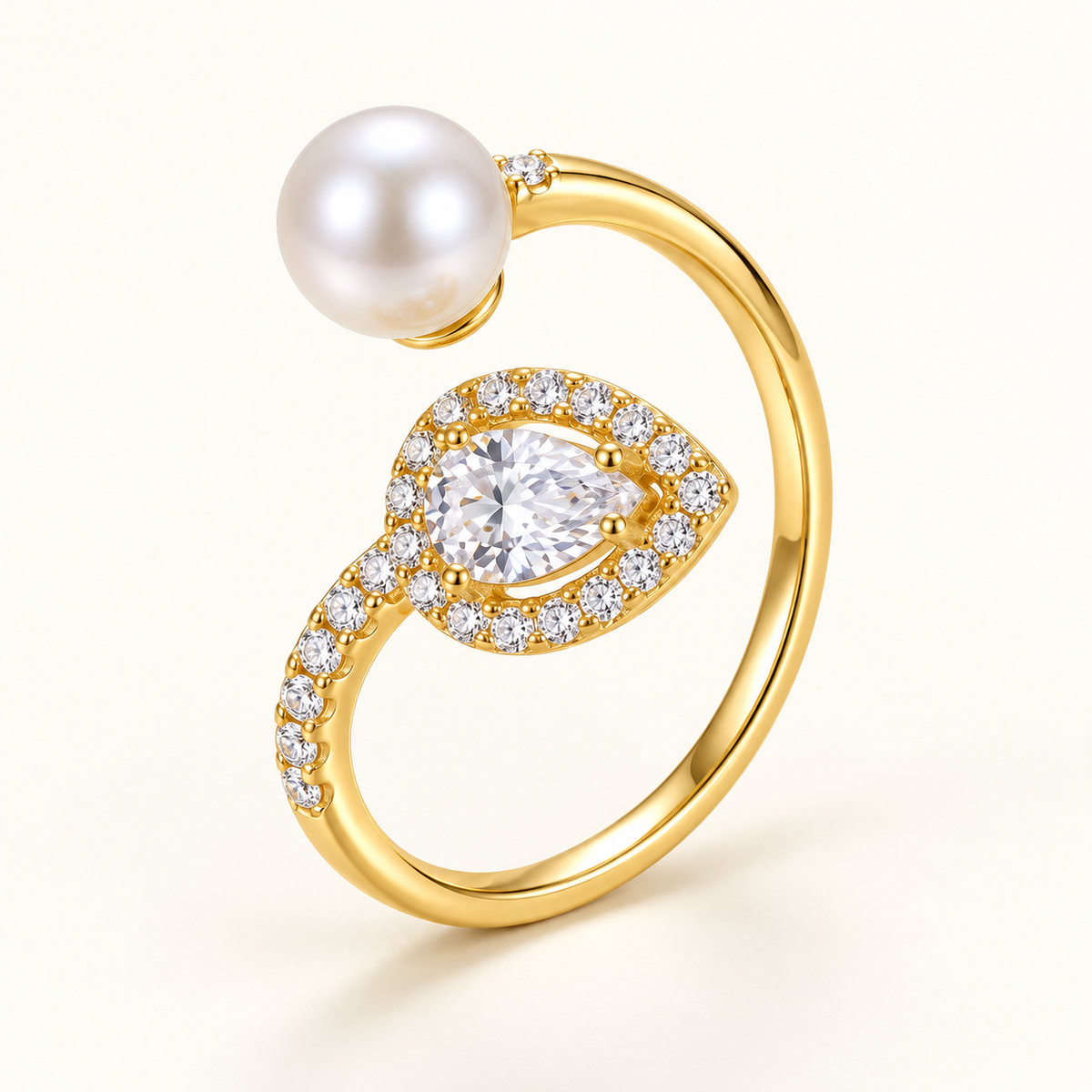 Bague Duo Perle dorée avec perle et oxyde de zirconium en forme de poire